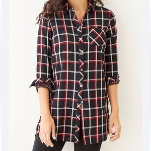 J.Jill Black Plaid Double Cloth Button Front Long Sleeve Tunic w Pockets Size XL